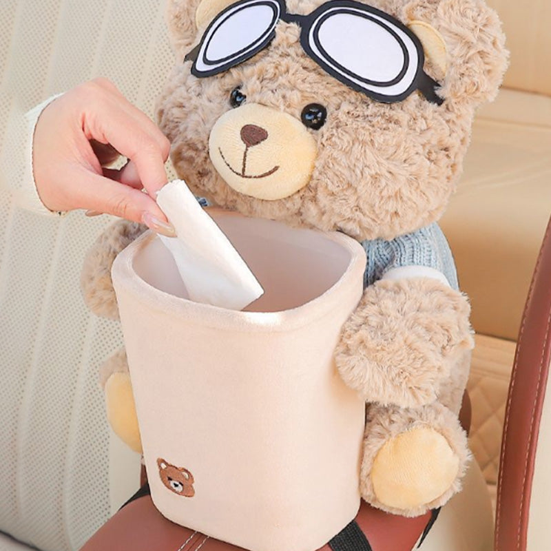 🧸🚗Cute Aviator Bear Plush Car Tissue Holder & Storage Bin | Strap Armrest Mount for Car Interior Decoration & Storage📦