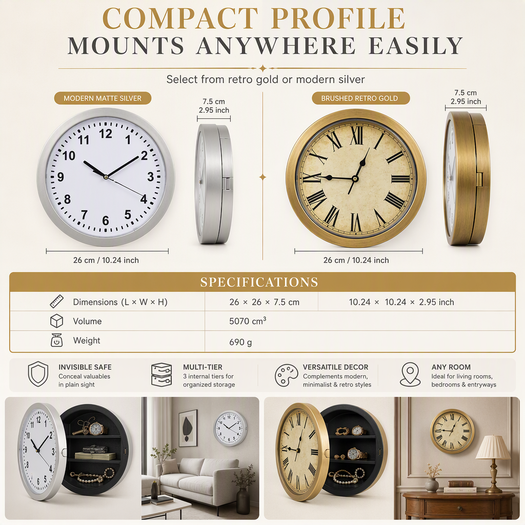 Vintage Wall Clock with Hidden Safe & Secret Valuables Compartment