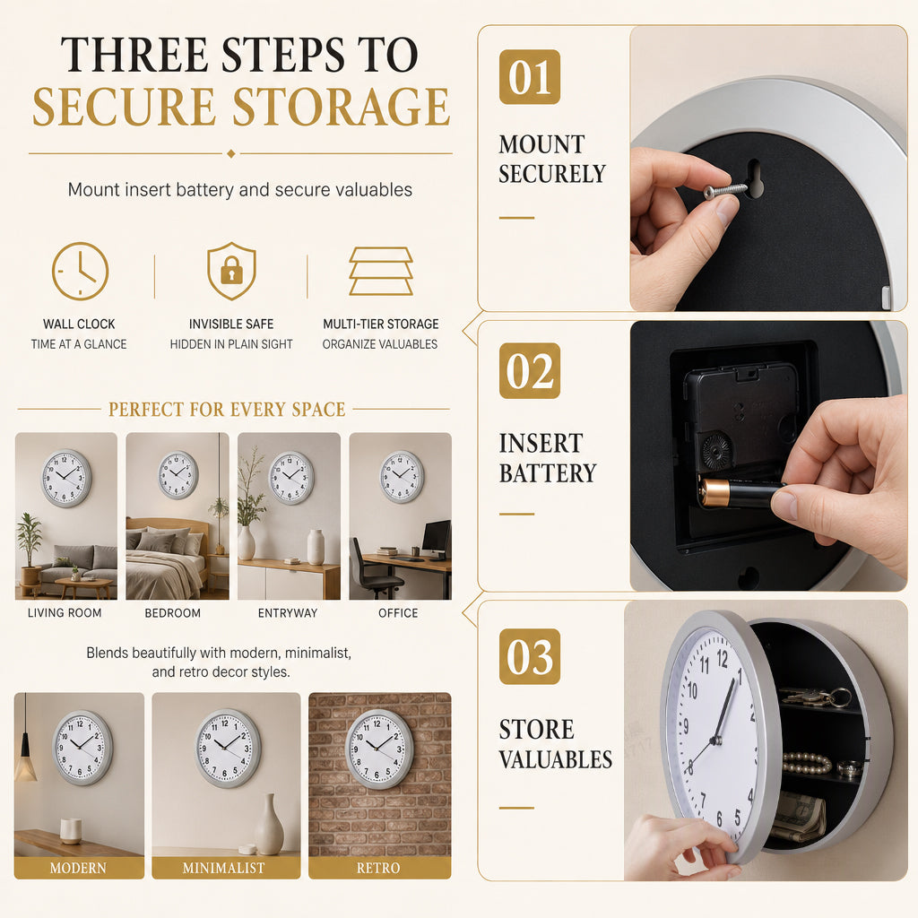 Vintage Wall Clock with Hidden Safe & Secret Valuables Compartment
