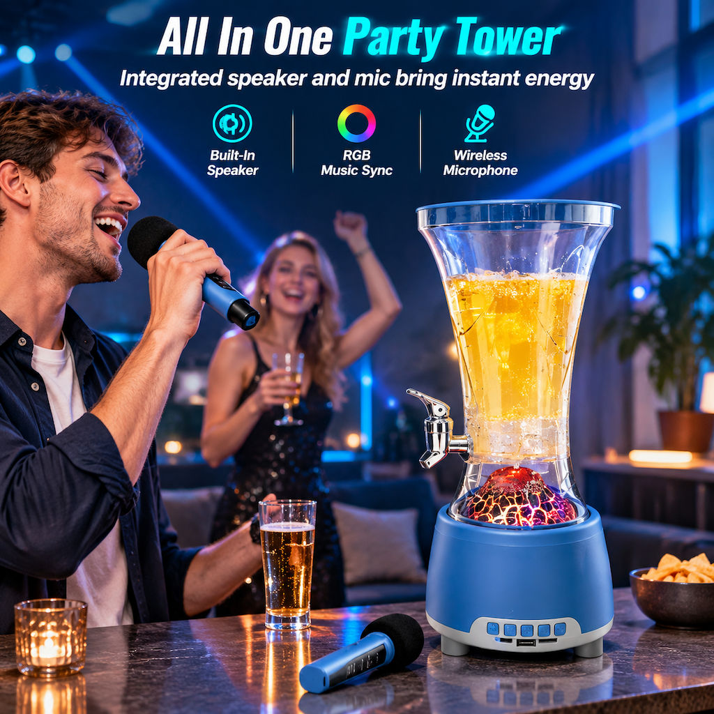 Large Capacity Beer Tower Dispenser with Tap and Wireless Bluetooth Speaker featuring Colorful LED Lights for Bars and KTV