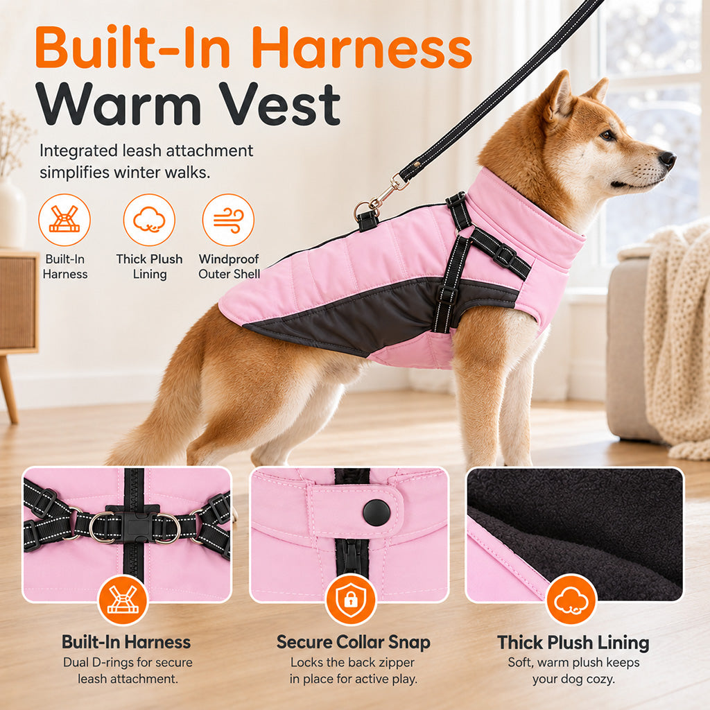 Reflective Padded Dog Winter Vest with Leash Attachment