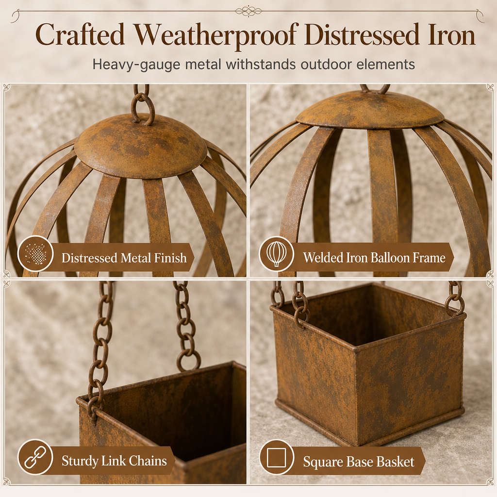 🎈 Vintage Iron Hot Air Balloon Hanging Planter: Distressed Finish, S-Hook, Garden Decor