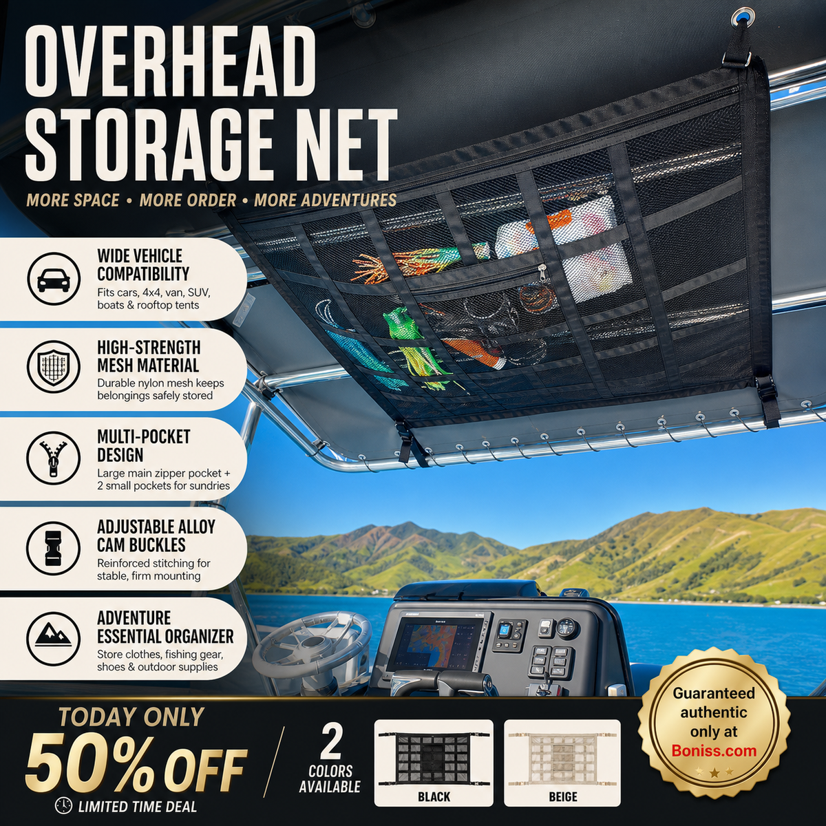🚤50% OFF NOW! ⏰Overhead Mesh Gear Storage Net, Adjustable Car Roof Storage Bag, Multi‑Pocket Ceiling Mesh Organizer for SUV, Van, 4x4, Boat & Rooftop Tent, Holds Fishing Gear & Outdoor Supplies